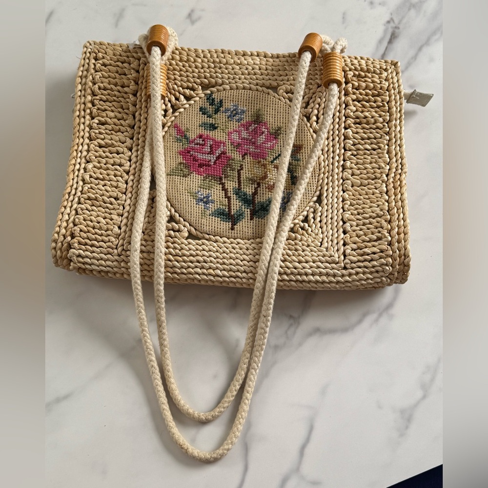 VTG Artisan Needlepoint Purse Handbag Shoulder Bag Hemp Jute 1950s Rope Heiress
